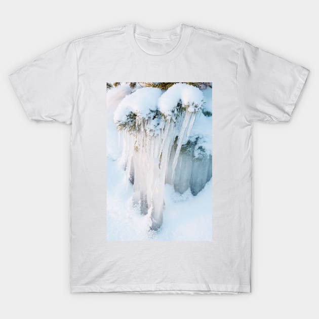 Beautiful icicles on small tree T-Shirt by Juhku